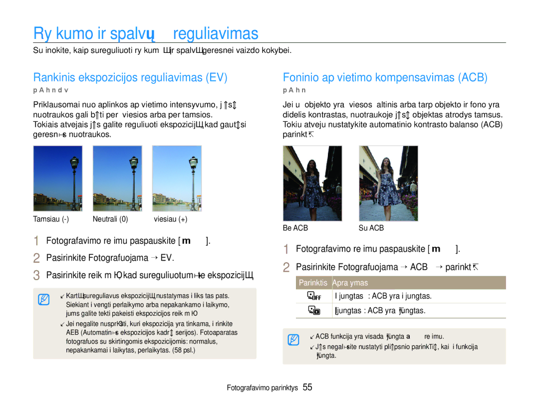 Samsung EC-WB600ZBPBE2, EC-WB600ZBPBRU manual Ryškumo ir spalvų reguliavimas, Rankinis ekspozicijos reguliavimas EV 