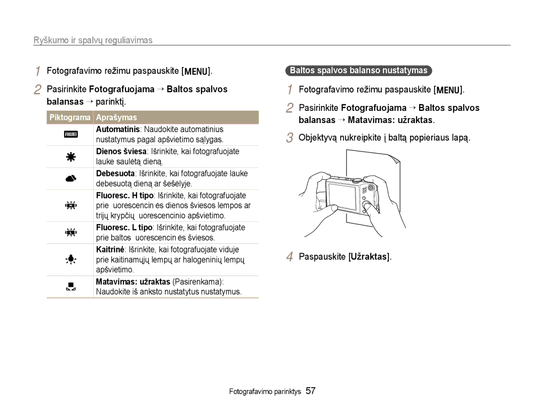 Samsung EC-WB600ZBPBE2, EC-WB600ZBPBRU manual Baltos spalvos balanso nustatymas, Matavimas užraktas Pasirenkama 