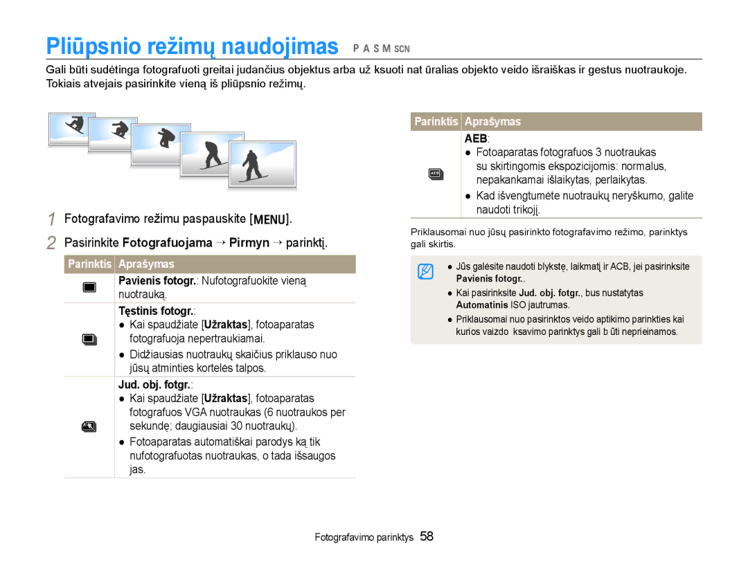 Samsung EC-WB600ZBPBRU manual Pliūpsnio režimų naudojimas p a h n s, Pasirinkite Fotografuojama ¢Pirmyn ¢ parinktį 