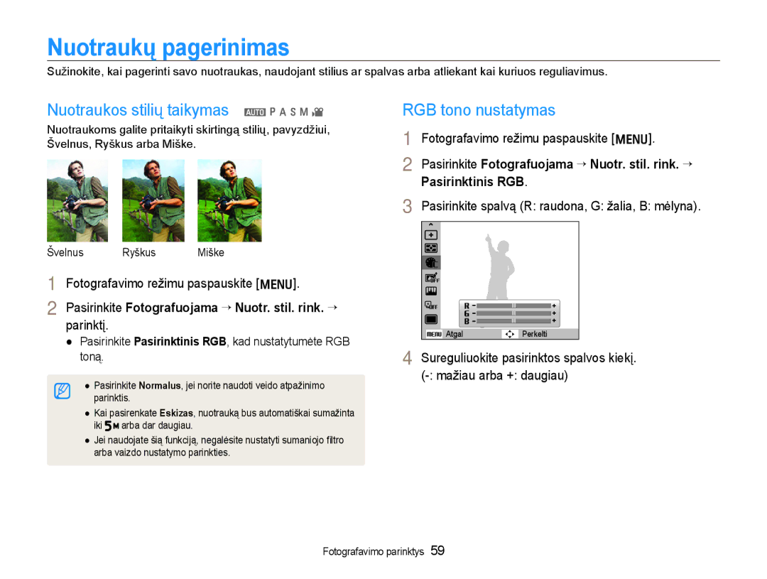 Samsung EC-WB600ZBPBE2 manual Nuotraukų pagerinimas, Nuotraukos stilių taikymas a p a h n, RGB tono nustatymas, Parinktį 