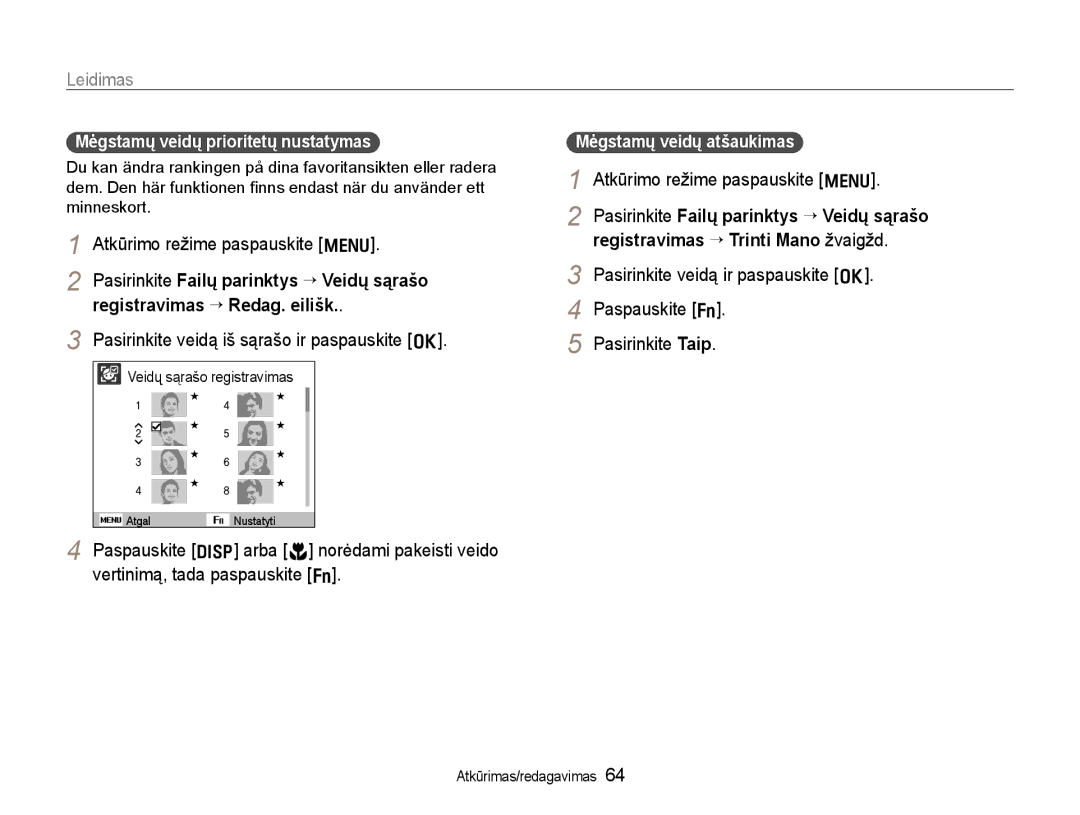 Samsung EC-WB600ZBPBRU manual Leidimas, Pasirinkite veidą iš sąrašo ir paspauskite o, Atkūrimo režime paspauskite m 