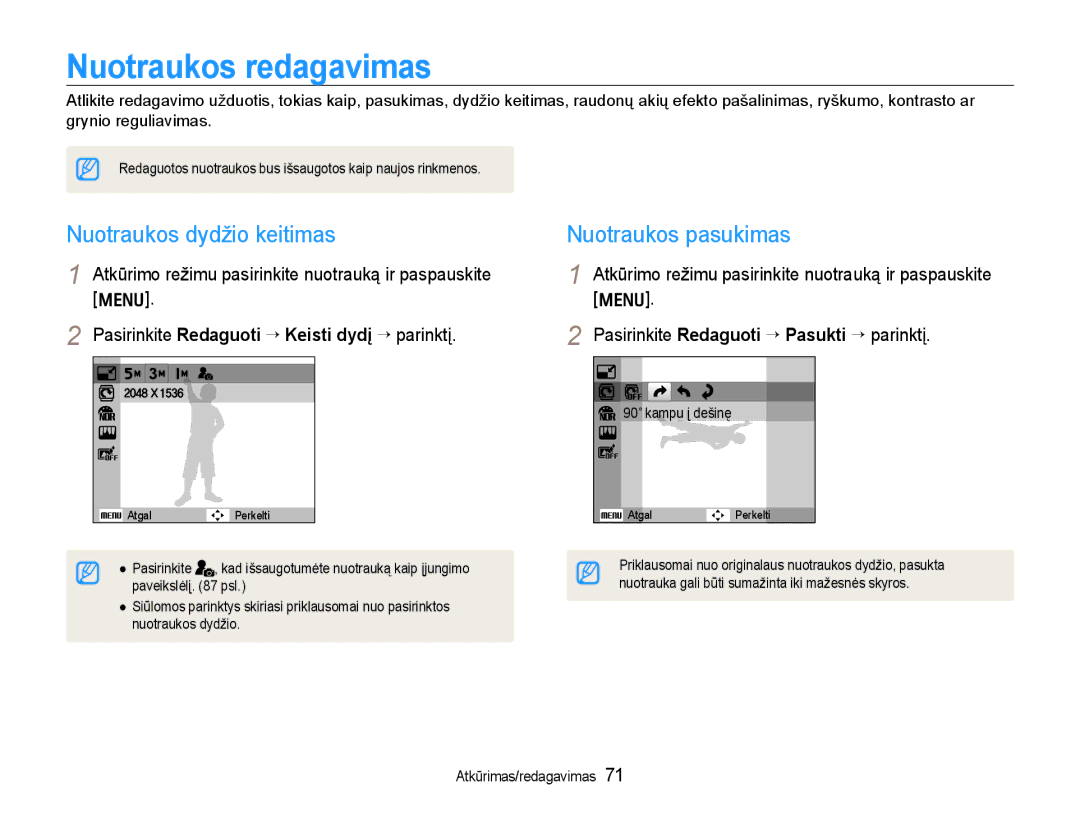 Samsung EC-WB600ZBPBE2, EC-WB600ZBPBRU manual Nuotraukos redagavimas, Nuotraukos dydžio keitimas, Nuotraukos pasukimas 