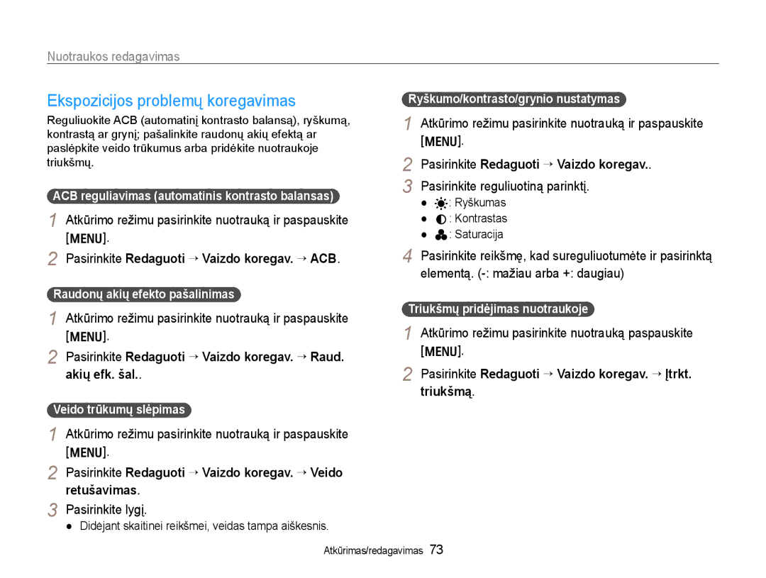 Samsung EC-WB600ZBPBE2, EC-WB600ZBPBRU Ekspozicijos problemų koregavimas, Pasirinkite Redaguoti ¢ Vaizdo koregav. ¢ ACB 