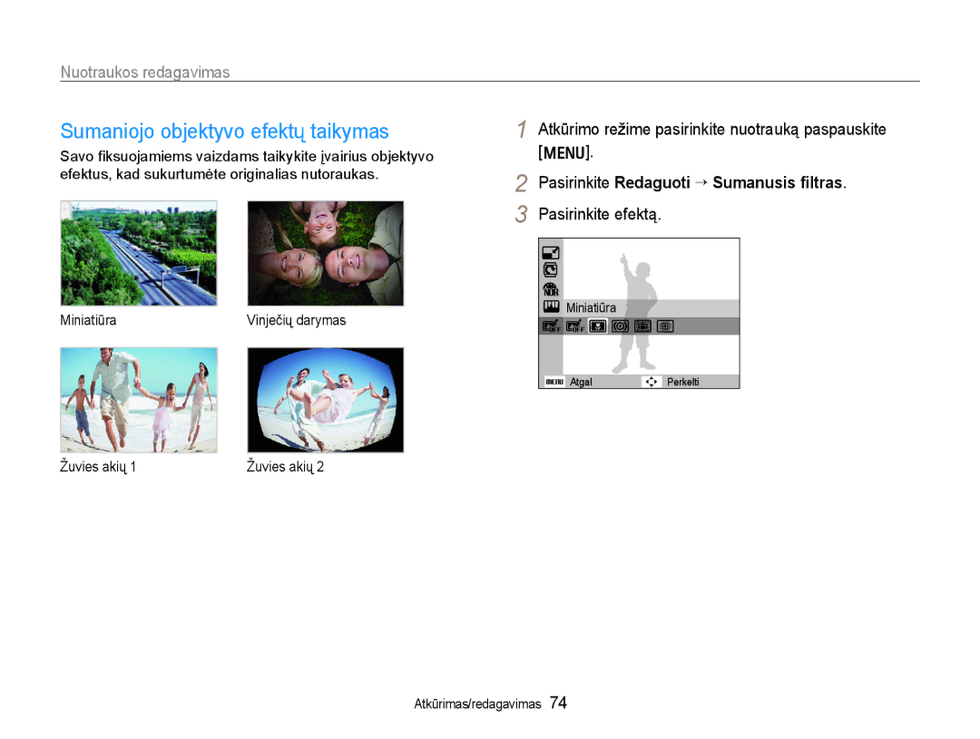 Samsung EC-WB600ZBPBRU manual Atkūrimo režime pasirinkite nuotrauką paspauskite m, Pasirinkite Redaguoti ¢ Sumanusis ﬁltras 