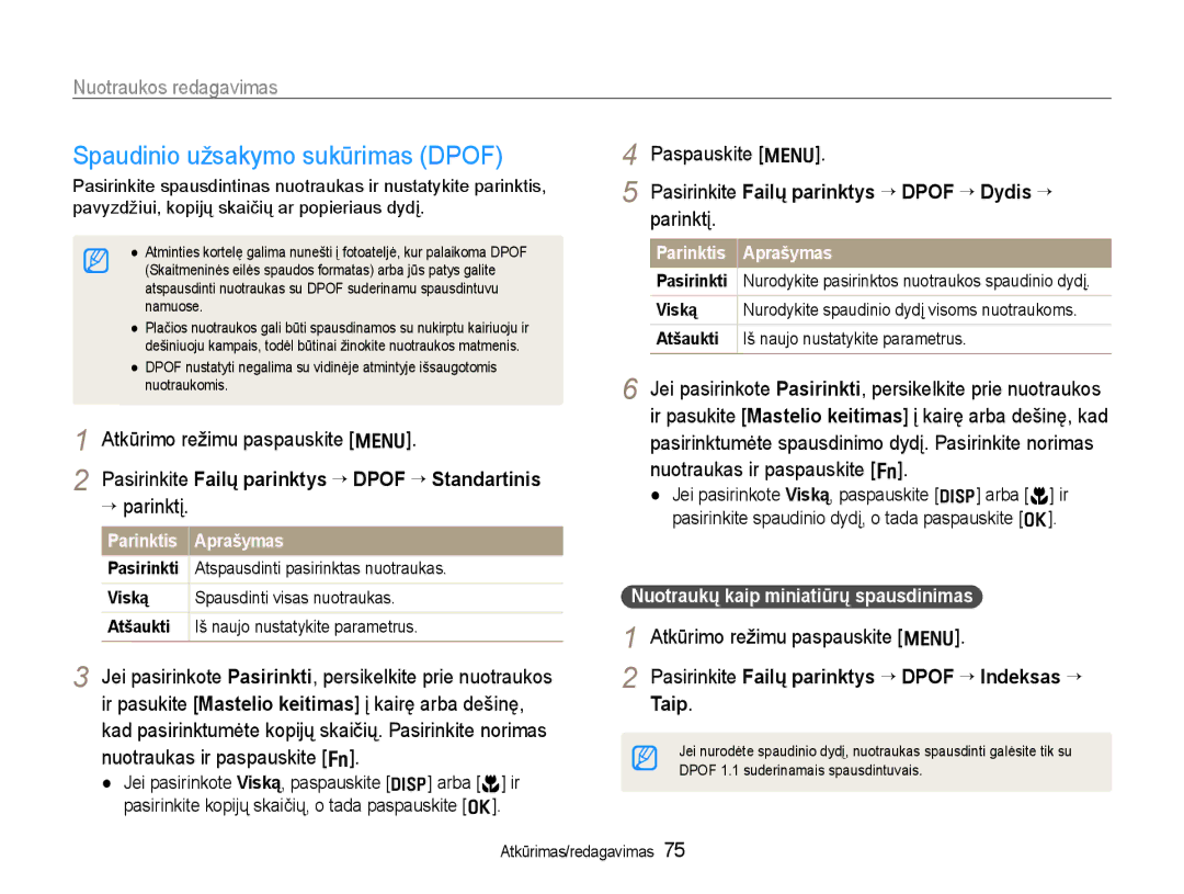 Samsung EC-WB600ZBPBE2 manual Spaudinio užsakymo sukūrimas Dpof, Pasirinkite Failų parinktys ¢ Dpof ¢ Standartinis 