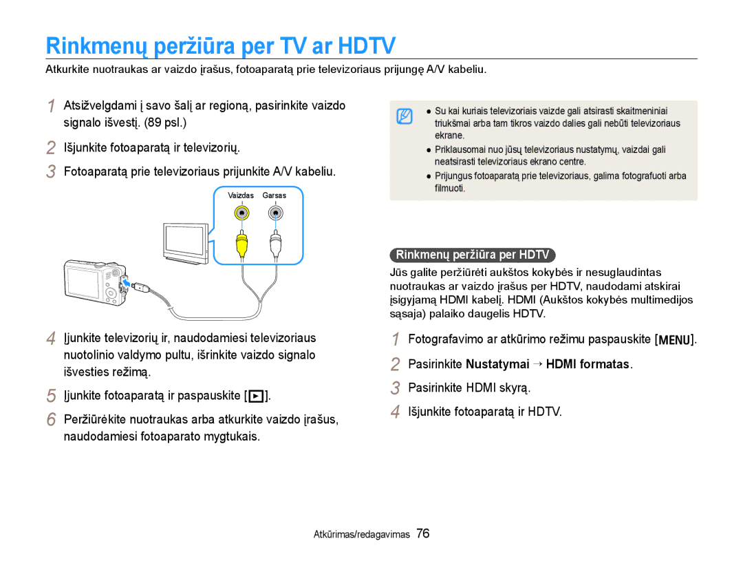 Samsung EC-WB600ZBPBRU, EC-WB600ZBPBE2 manual Rinkmenų peržiūra per TV ar Hdtv, Rinkmenų peržiūra per Hdtv 