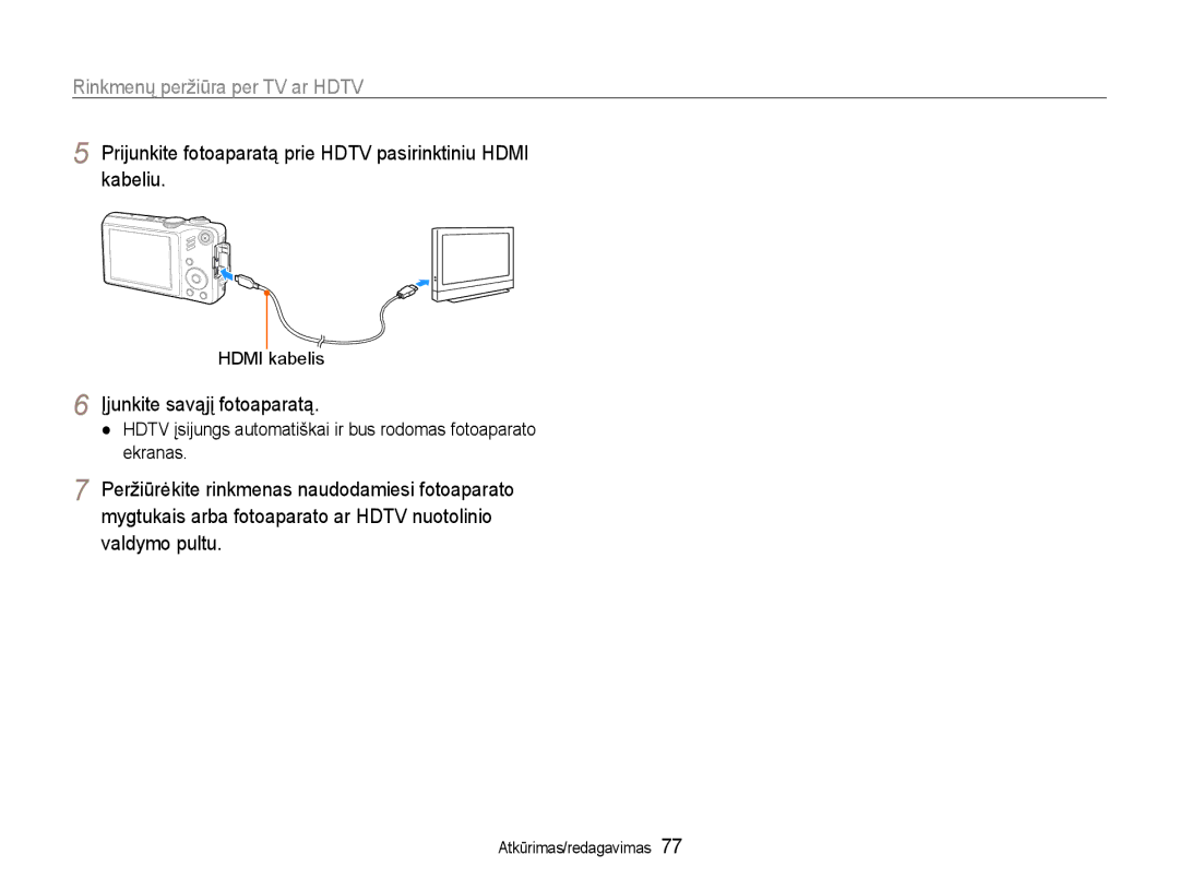 Samsung EC-WB600ZBPBE2 manual Rinkmenų peržiūra per TV ar Hdtv, Prijunkite fotoaparatą prie Hdtv pasirinktiniu Hdmi kabeliu 