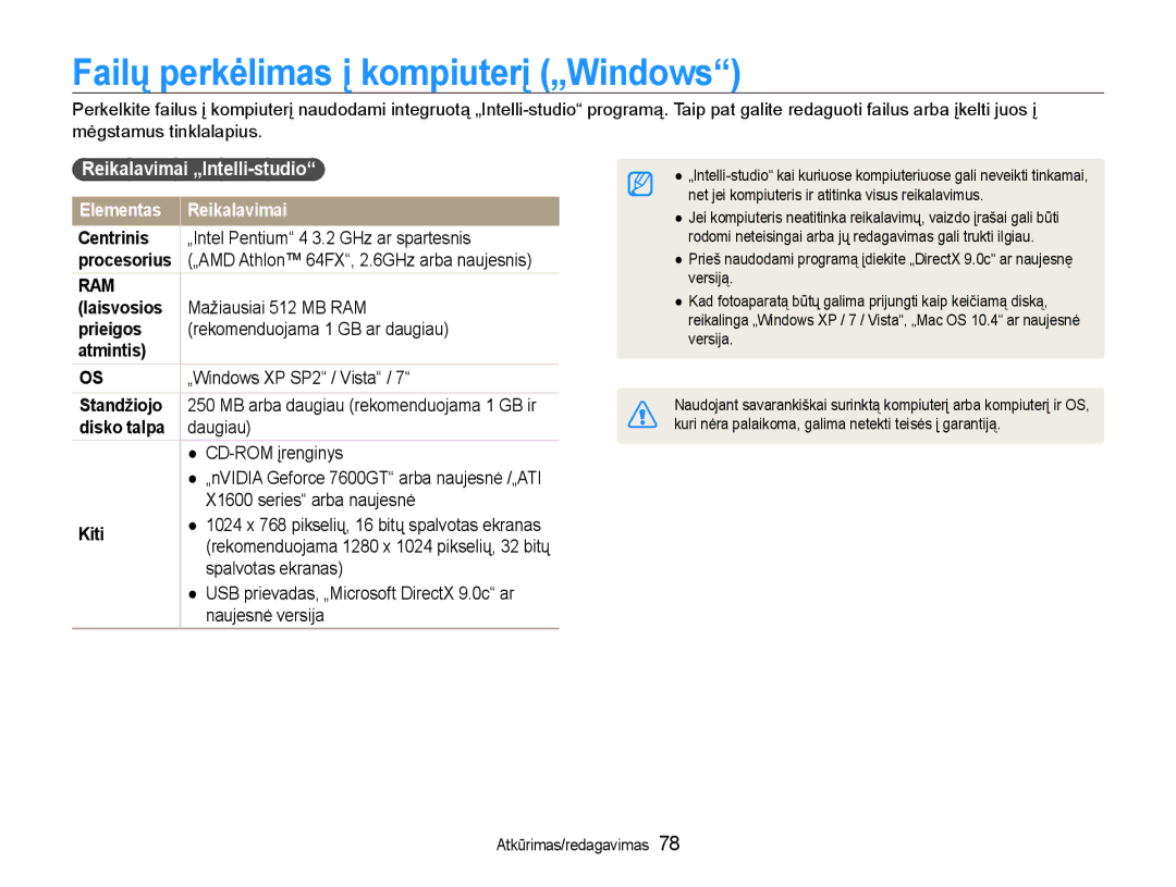 Samsung EC-WB600ZBPBRU manual Failų perkėlimas į kompiuterį „Windows, Reikalavimai „Intelli-studio, Elementas Reikalavimai 