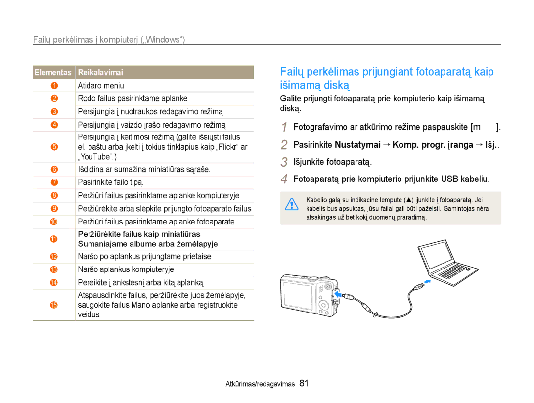 Samsung EC-WB600ZBPBE2, EC-WB600ZBPBRU manual Failų perkėlimas prijungiant fotoaparatą kaip išimamą diską 