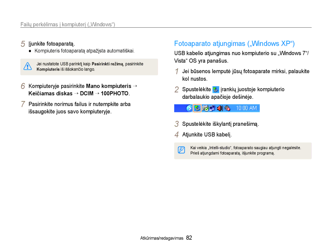 Samsung EC-WB600ZBPBRU manual Fotoaparato atjungimas „Windows XP, Spustelėkite iškylantį pranešimą Atjunkite USB kabelį 