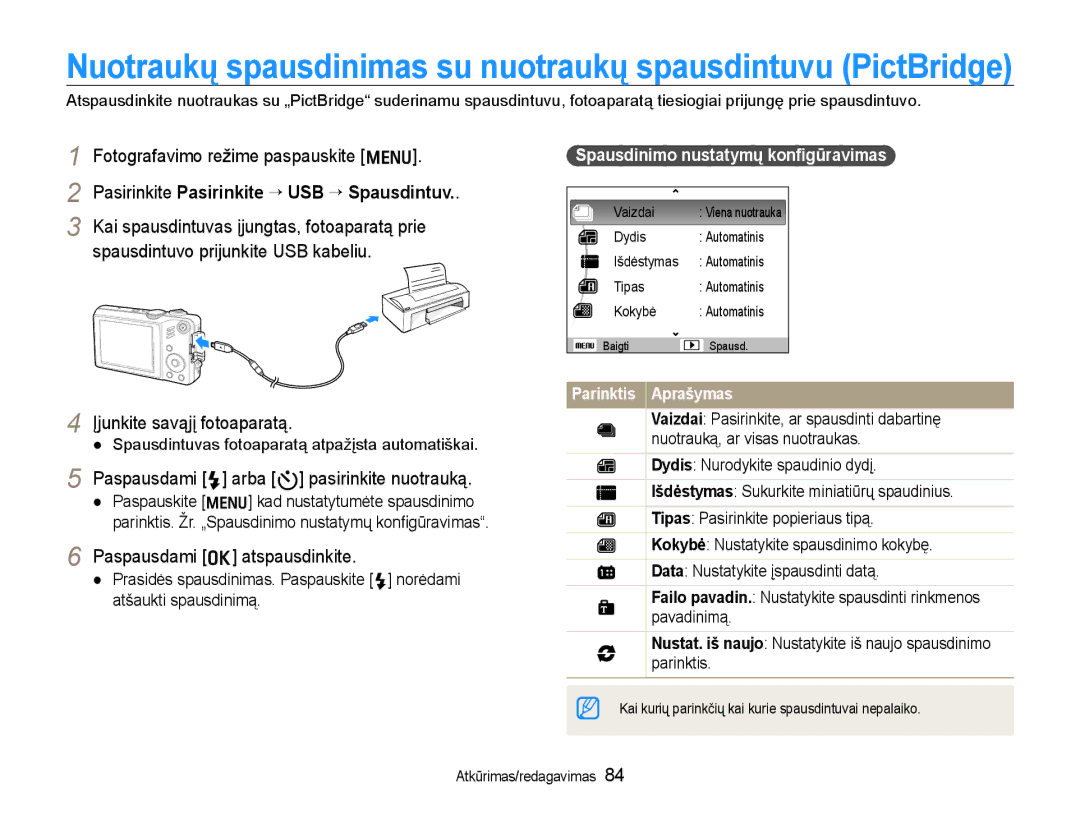 Samsung EC-WB600ZBPBRU manual Pasirinkite Pasirinkite ¢ USB ¢ Spausdintuv, Paspausdami F arba t pasirinkite nuotrauką 