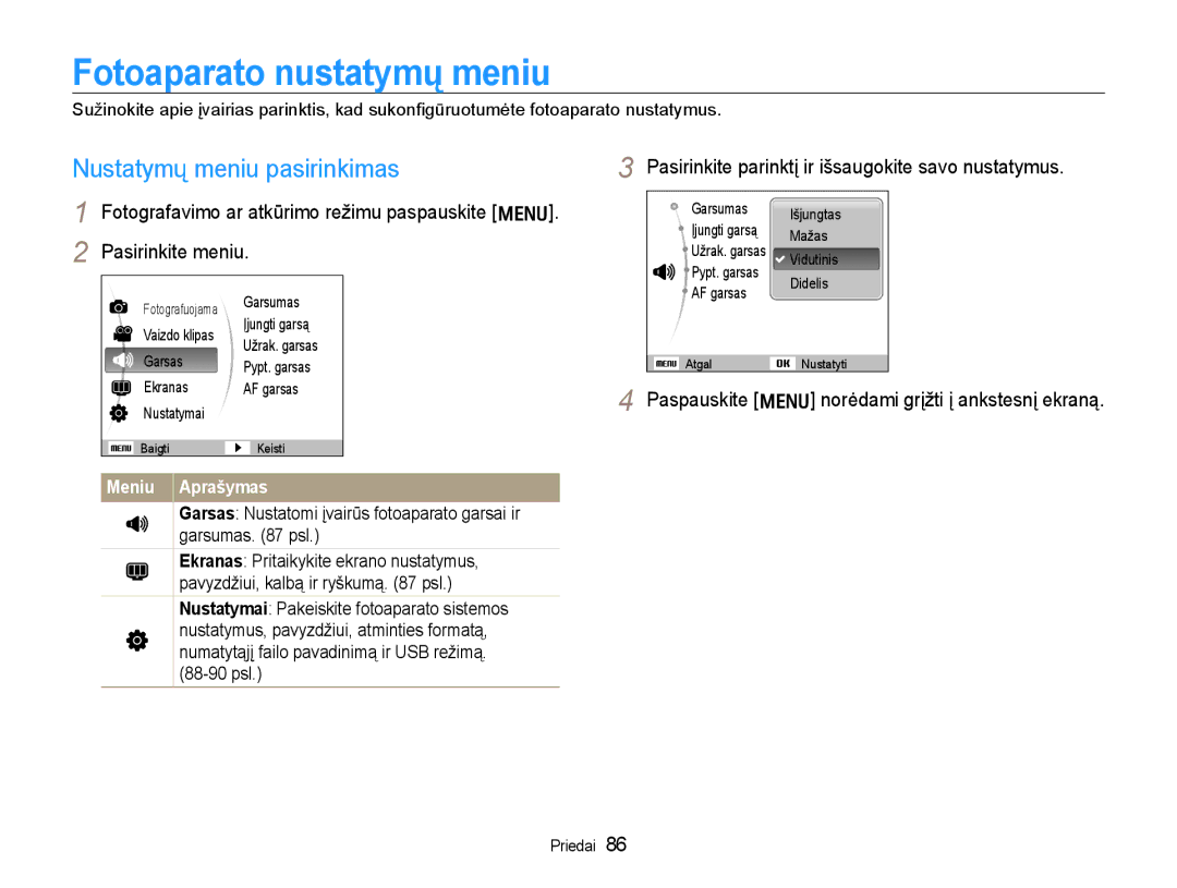 Samsung EC-WB600ZBPBRU, EC-WB600ZBPBE2 manual Fotoaparato nustatymų meniu, Nustatymų meniu pasirinkimas, Meniu Aprašymas 