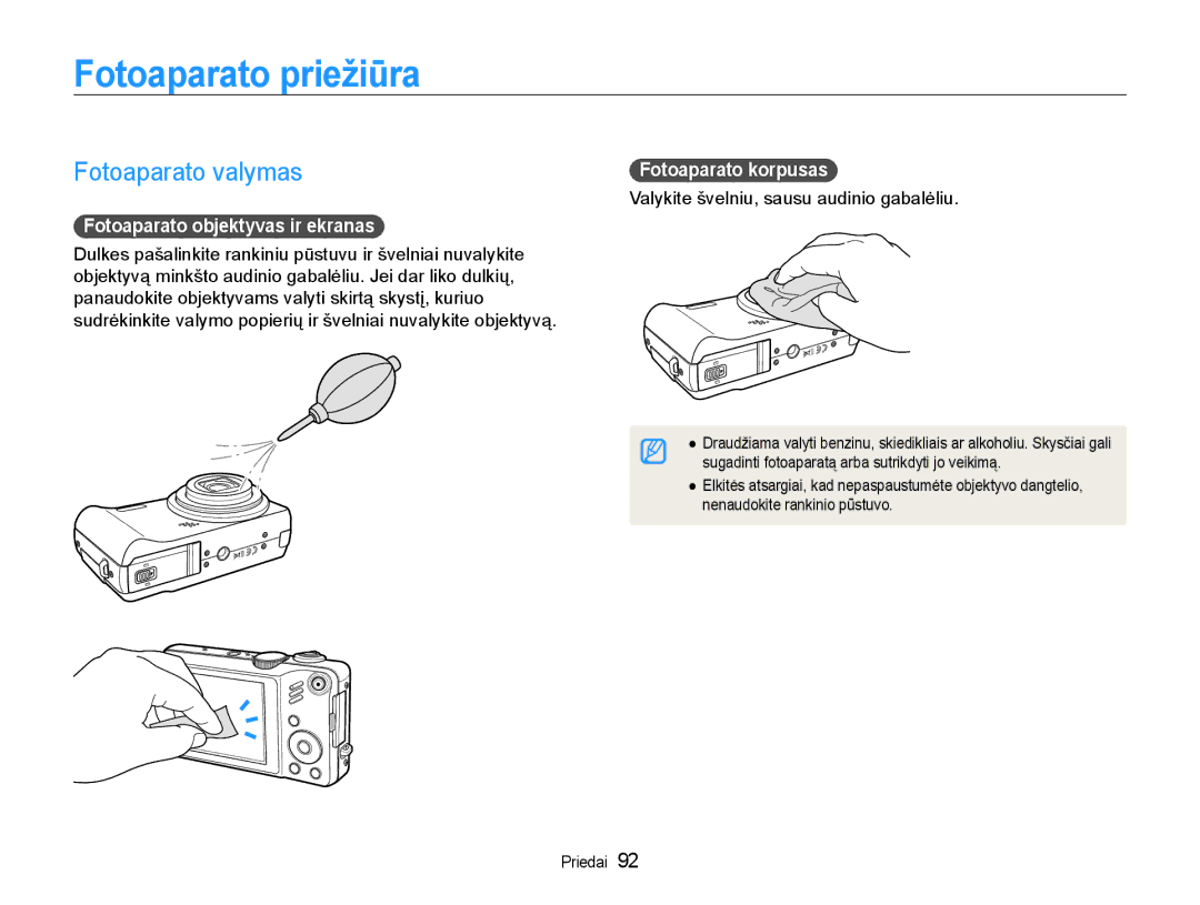 Samsung EC-WB600ZBPBRU Fotoaparato priežiūra, Fotoaparato valymas, Fotoaparato objektyvas ir ekranas, Fotoaparato korpusas 