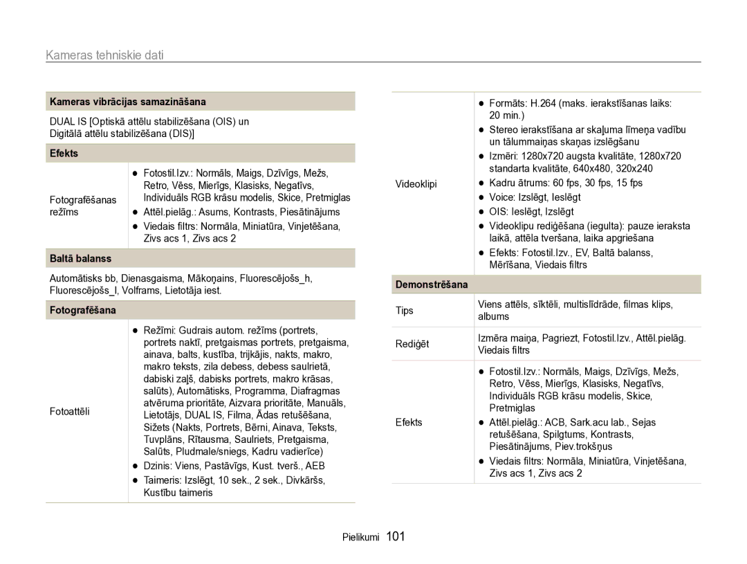 Samsung EC-WB600ZBPBE2, EC-WB600ZBPBRU manual Kameras vibrācijas samazināšana, Baltā balanss, Demonstrēšana 