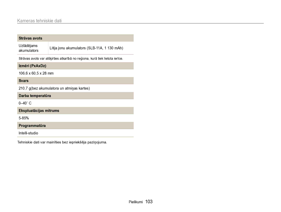 Samsung EC-WB600ZBPBE2 manual Strāvas avots, Izmēri PxAxDz, Svars, Darba temperatūra, Ekspluatācijas mitrums, Programmatūra 