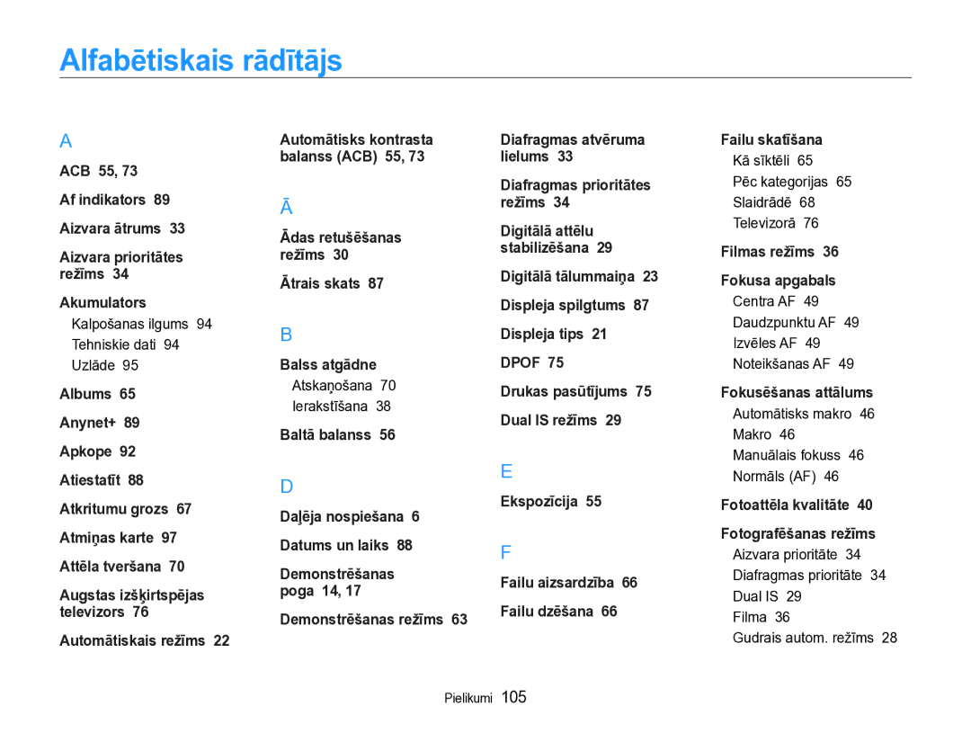 Samsung EC-WB600ZBPBE2 Alfabētiskais rādītājs, Kalpošanas ilgums 94 Tehniskie dati 94 Uzlāde, Atskaņošana Ierakstīšana 