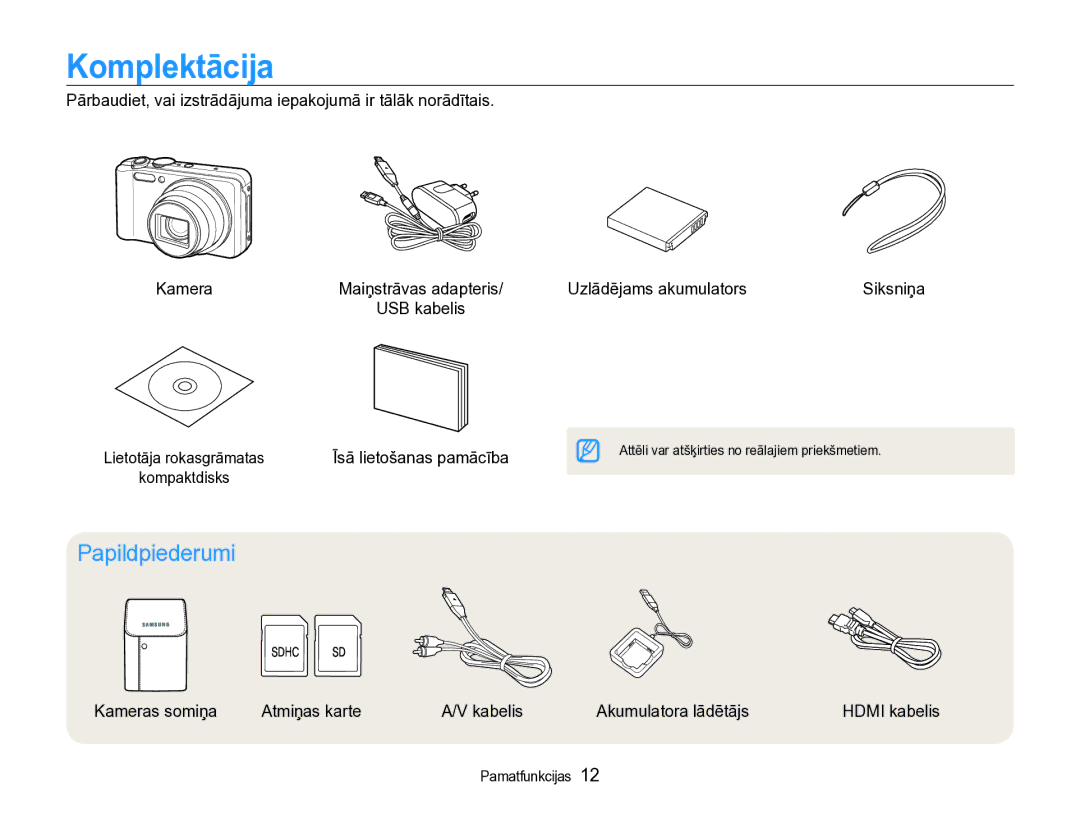 Samsung EC-WB600ZBPBRU manual Komplektācija, Papildpiederumi, Uzlādējams akumulators Siksniņa USB kabelis, Pamatfunkcijas 