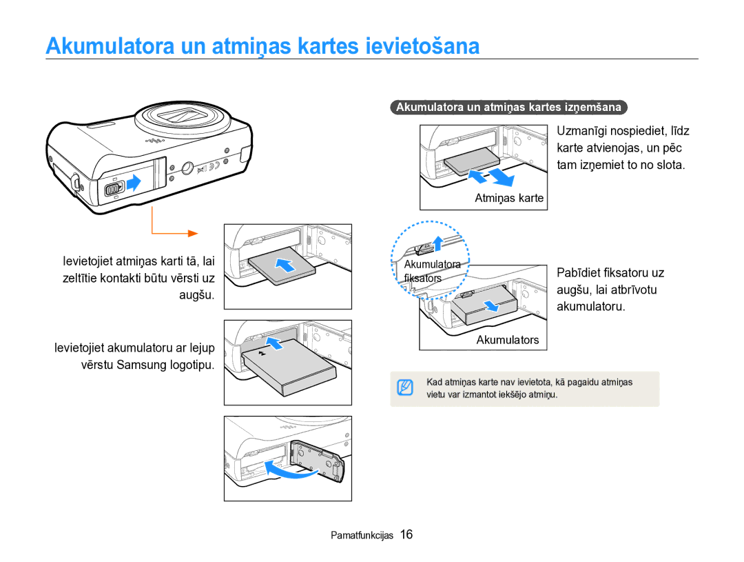 Samsung EC-WB600ZBPBRU manual Akumulatora un atmiņas kartes ievietošana, Pabīdiet ﬁksatoru uz, Augšu, lai atbrīvotu 