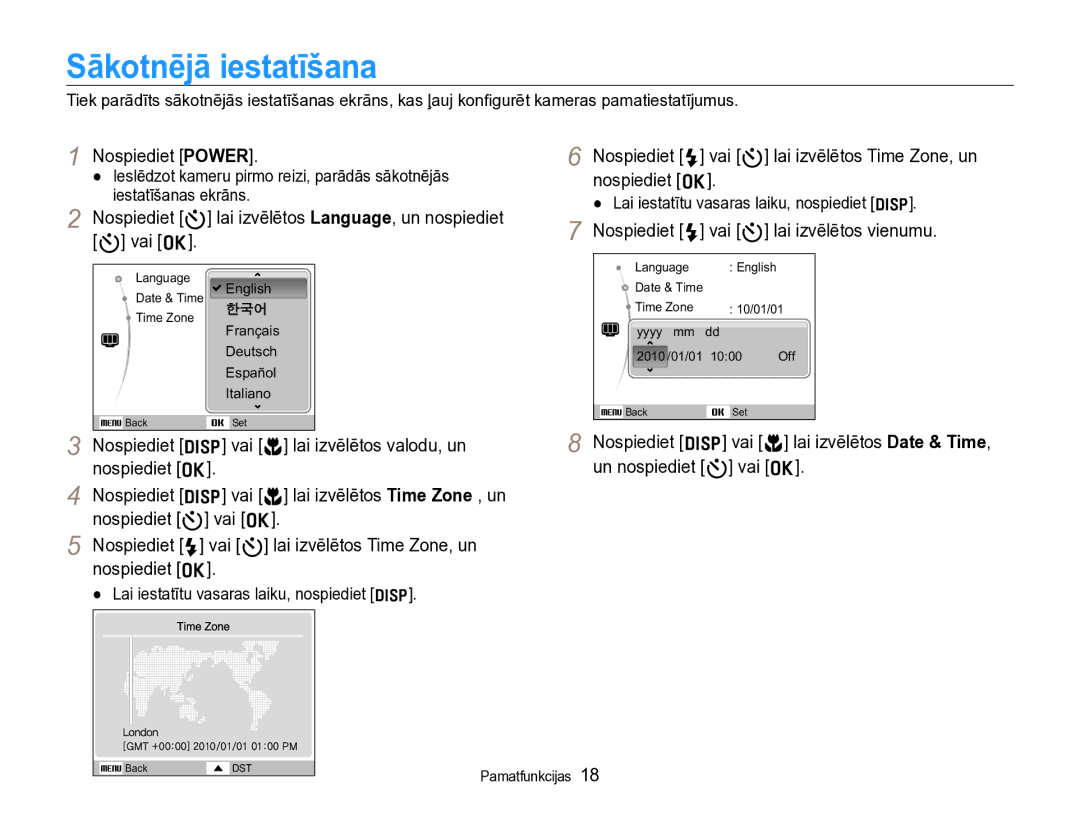 Samsung EC-WB600ZBPBRU, EC-WB600ZBPBE2 Sākotnējā iestatīšana, Nospiediet Power, Nospiediet F vai t lai izvēlētos vienumu 