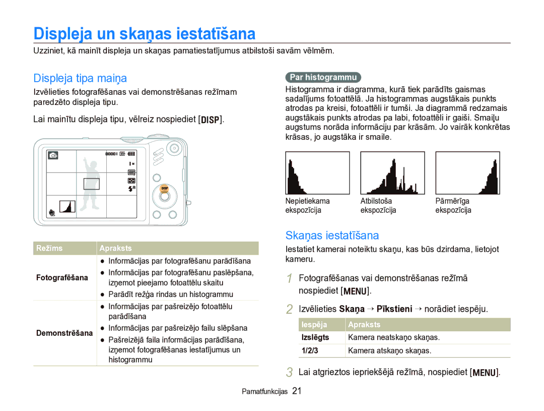 Samsung EC-WB600ZBPBE2, EC-WB600ZBPBRU manual Displeja un skaņas iestatīšana, Displeja tipa maiņa, Skaņas iestatīšana 