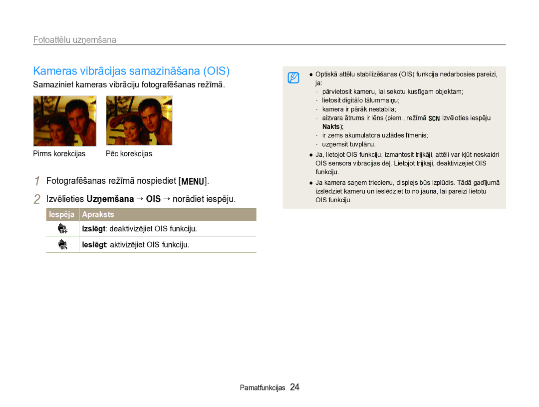 Samsung EC-WB600ZBPBRU, EC-WB600ZBPBE2 manual Kameras vibrācijas samazināšana OIS, Iespēja Apraksts 