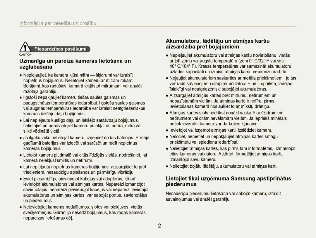 Samsung EC-WB600ZBPBRU, EC-WB600ZBPBE2 manual Uzmanīga un pareiza kameras lietošana un uzglabāšana, Piesardzības pasākumi 