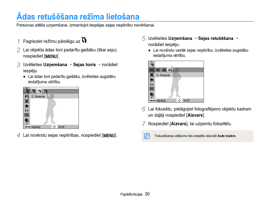 Samsung EC-WB600ZBPBRU, EC-WB600ZBPBE2 manual Ādas retušēšana režīma lietošana, Pagrieziet režīmu pārslēgu uz 