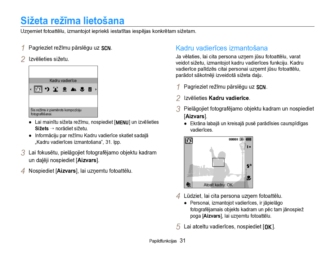 Samsung EC-WB600ZBPBE2, EC-WB600ZBPBRU Sižeta režīma lietošana, Kadru vadierīces izmantošana, Izvēlieties Kadru vadierīce 