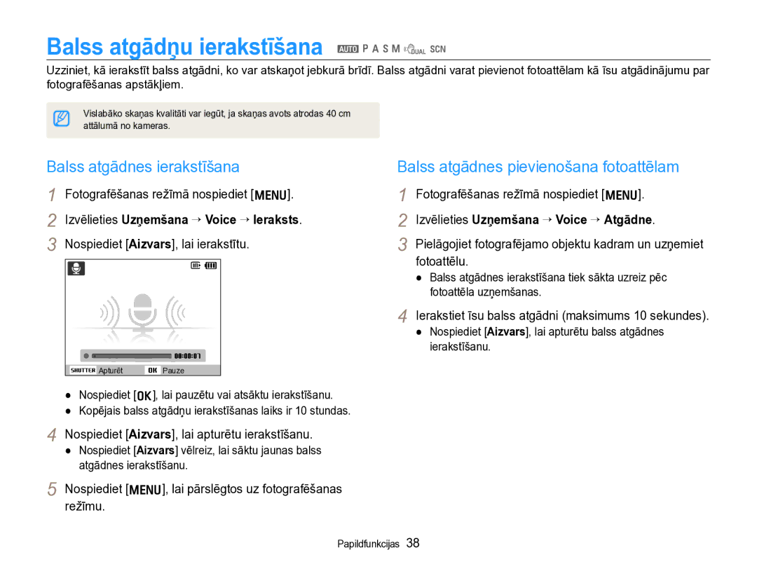 Samsung EC-WB600ZBPBRU, EC-WB600ZBPBE2 manual Balss atgādņu ierakstīšana a p a h n d s, Balss atgādnes ierakstīšana 