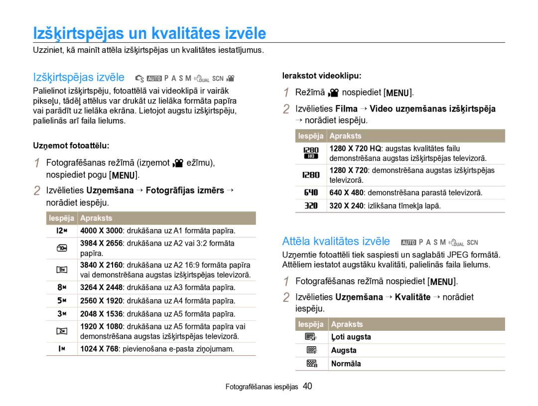 Samsung EC-WB600ZBPBRU, EC-WB600ZBPBE2 manual Izšķirtspējas un kvalitātes izvēle, Izšķirtspējas izvēle S a p a h n d s 