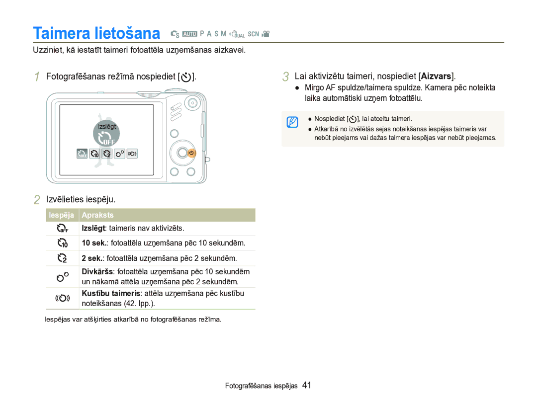 Samsung EC-WB600ZBPBE2 manual Taimera lietošana S a p a h n d s, Fotografēšanas režīmā nospiediet t, Izvēlieties iespēju 