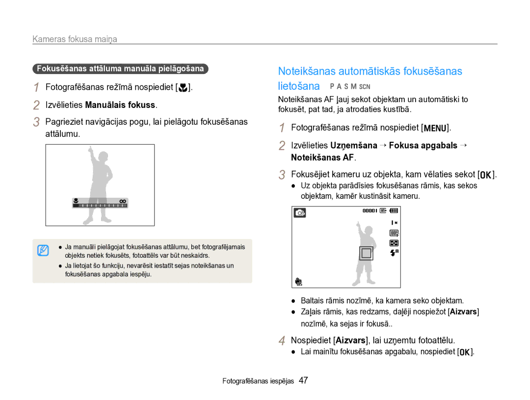 Samsung EC-WB600ZBPBE2 manual Izvēlieties Manuālais fokuss, Izvēlieties Uzņemšana ¢ Fokusa apgabals ¢ Noteikšanas AF 