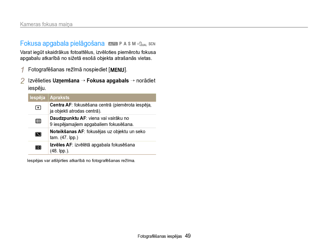 Samsung EC-WB600ZBPBE2, EC-WB600ZBPBRU manual Fokusa apgabala pielāgošana a p a h n d s 