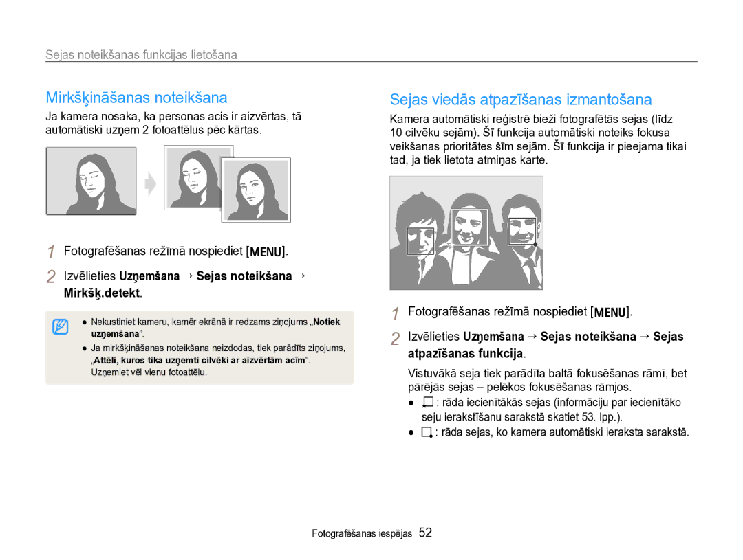 Samsung EC-WB600ZBPBRU manual Mirkšķināšanas noteikšana, Sejas viedās atpazīšanas izmantošana, Atpazīšanas funkcija 