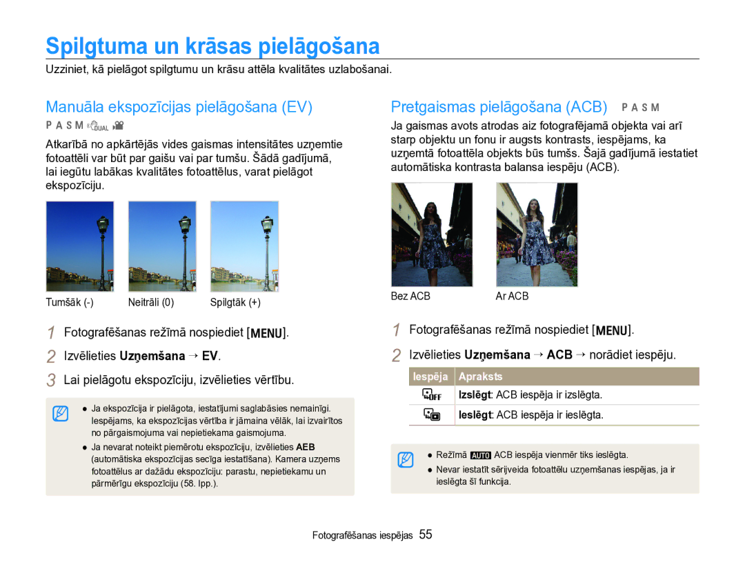 Samsung EC-WB600ZBPBE2, EC-WB600ZBPBRU manual Spilgtuma un krāsas pielāgošana, Manuāla ekspozīcijas pielāgošana EV 