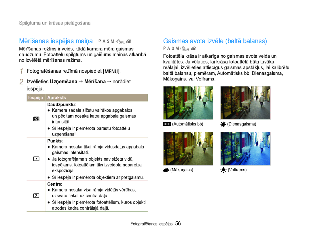 Samsung EC-WB600ZBPBRU Mērīšanas iespējas maiņa p a h n d, Gaismas avota izvēle baltā balanss, Daudzpunktu, Punkts, Centrs 