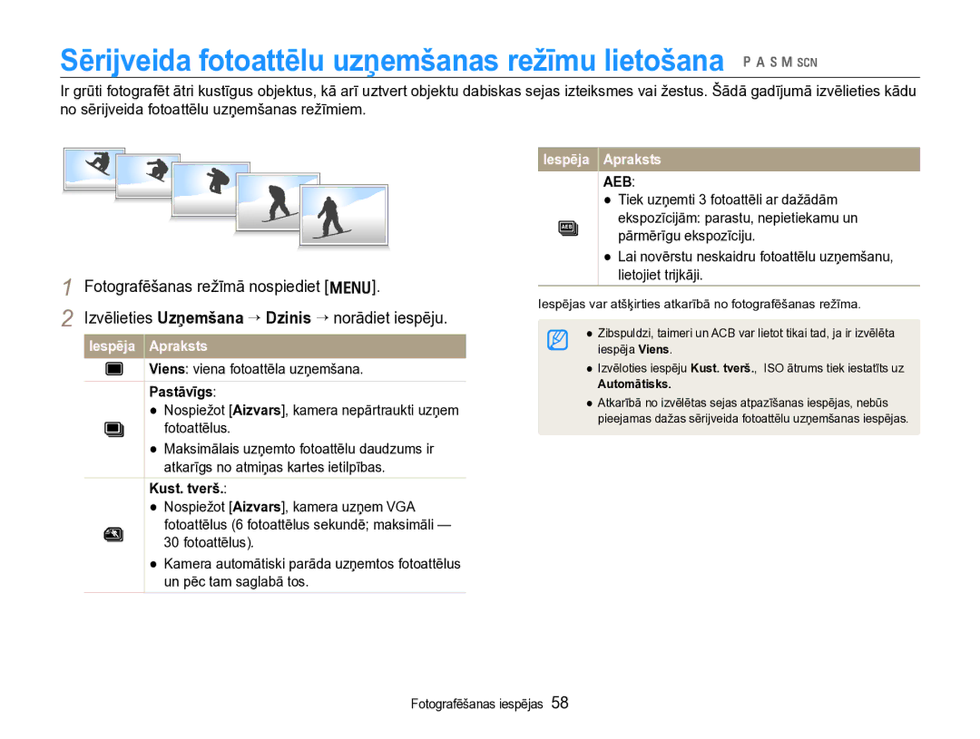 Samsung EC-WB600ZBPBRU manual Sērijveida fotoattēlu uzņemšanas režīmu lietošana p a h n s, Viens viena fotoattēla uzņemšana 