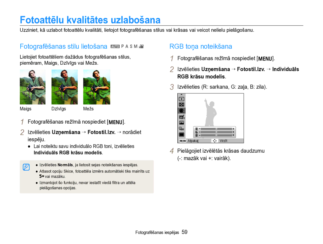 Samsung EC-WB600ZBPBE2 Fotoattēlu kvalitātes uzlabošana, Fotografēšanas stilu lietošana a p a h n, RGB toņa noteikšana 