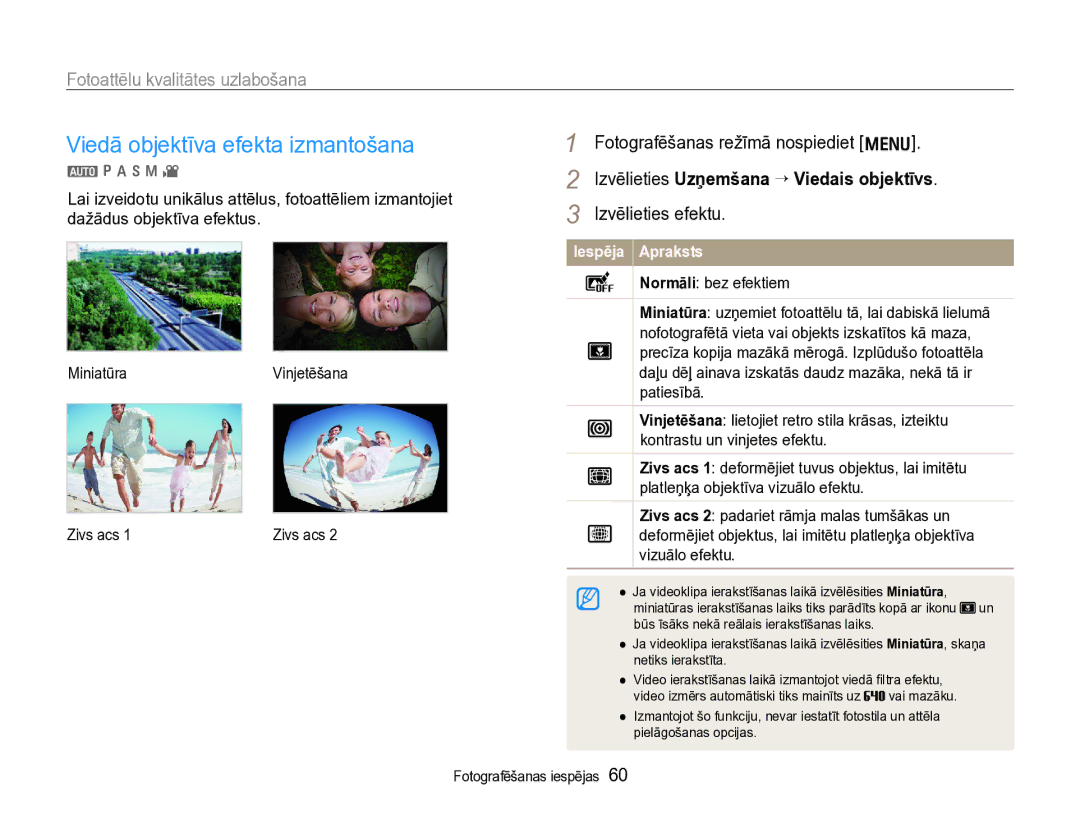 Samsung EC-WB600ZBPBRU, EC-WB600ZBPBE2 manual Viedā objektīva efekta izmantošana, Izvēlieties efektu 