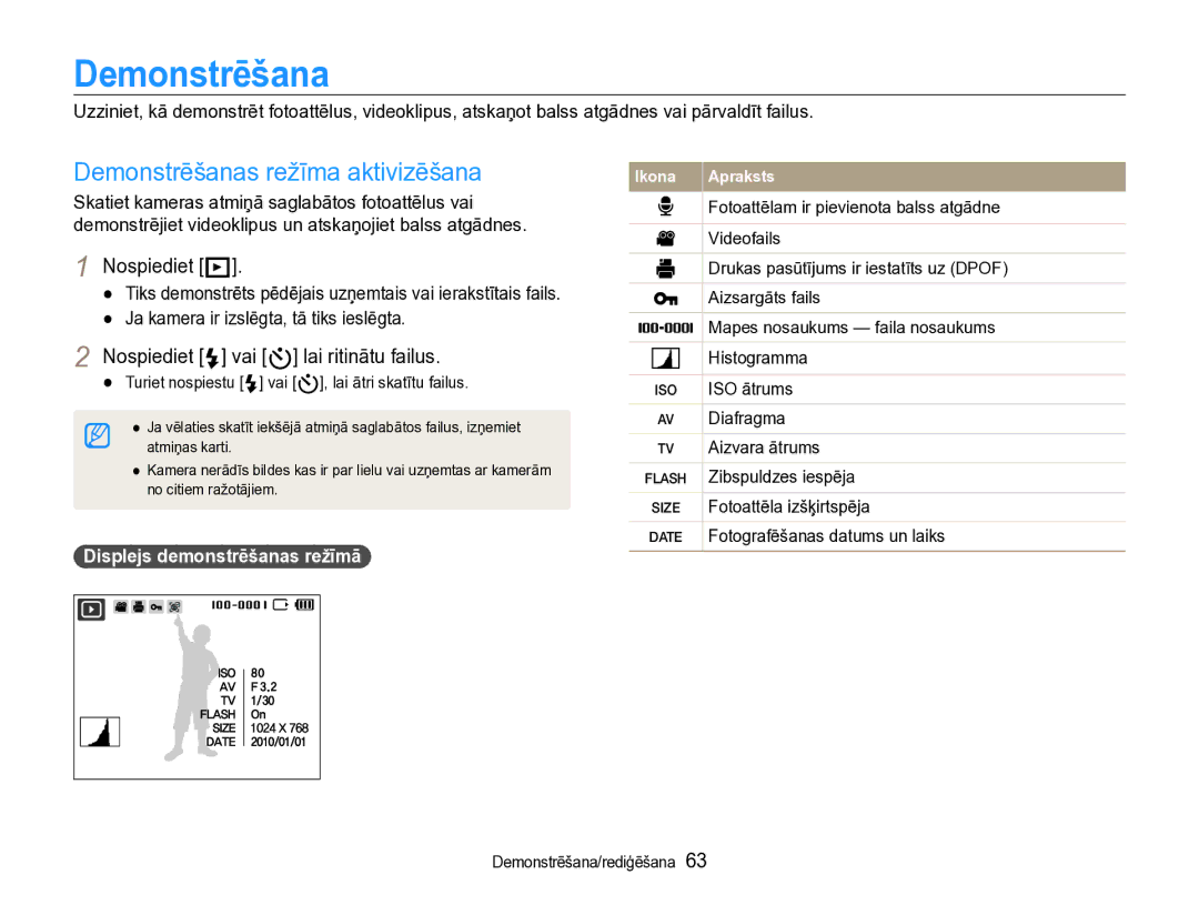 Samsung EC-WB600ZBPBE2 manual Demonstrēšanas režīma aktivizēšana, Nospiediet P, Nospiediet F vai t lai ritinātu failus 