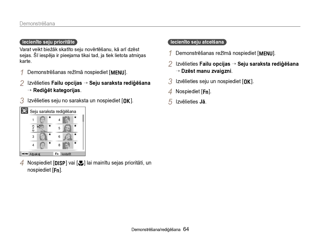 Samsung EC-WB600ZBPBRU manual Demonstrēšanas režīmā nospiediet m, → Rediģēt kategorijas, Iecienīto seju prioritāte 