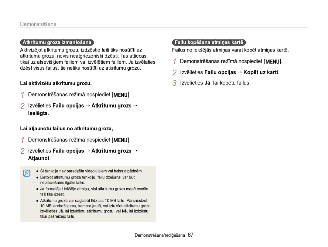 Samsung EC-WB600ZBPBE2, EC-WB600ZBPBRU Izvēlieties Failu opcijas ¢ Atkritumu grozs ¢ Ieslēgts, Atkritumu groza izmantošana 