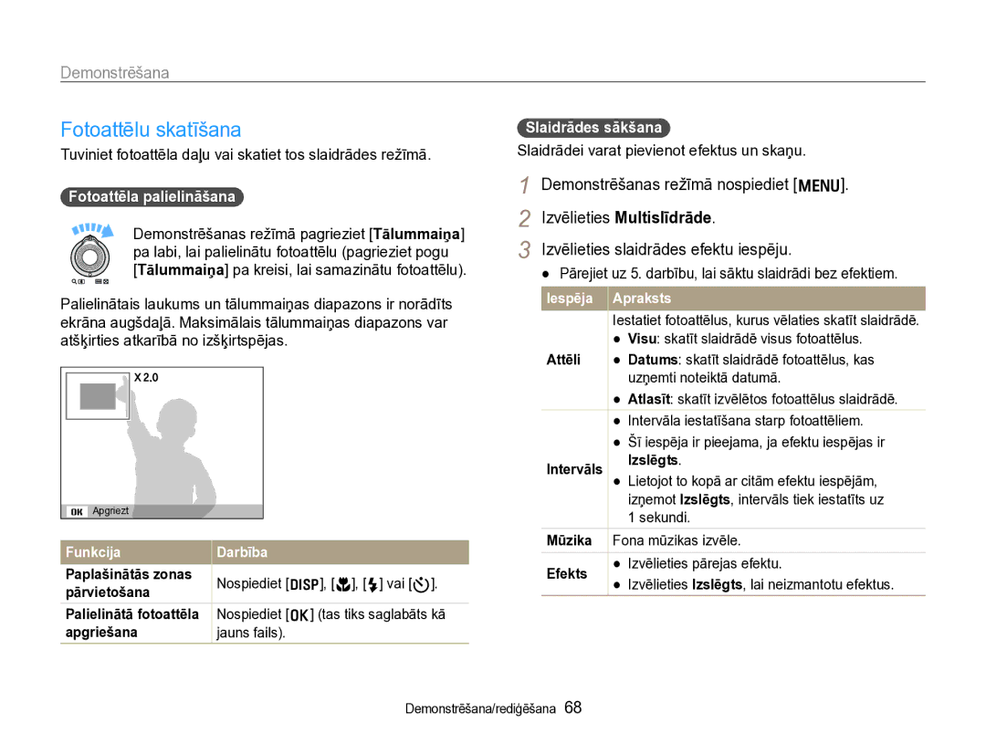 Samsung EC-WB600ZBPBRU manual Fotoattēla palielināšana, Tuviniet fotoattēla daļu vai skatiet tos slaidrādes režīmā, Mūzika 