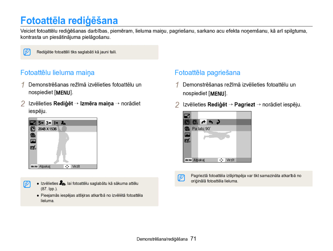 Samsung EC-WB600ZBPBE2, EC-WB600ZBPBRU manual Fotoattēla rediģēšana, Fotoattēlu lieluma maiņa, Fotoattēla pagriešana 