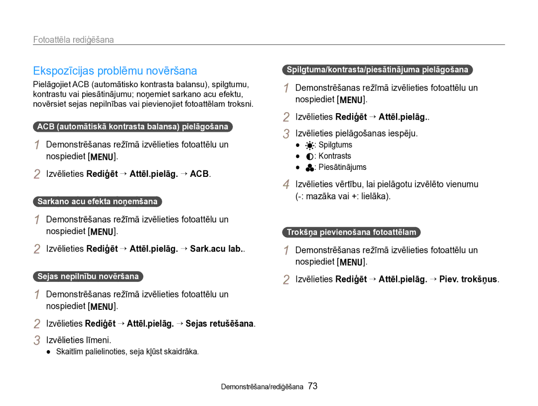 Samsung EC-WB600ZBPBE2, EC-WB600ZBPBRU manual Ekspozīcijas problēmu novēršana, Izvēlieties Rediģēt ¢ Attēl.pielāg. ¢ ACB 