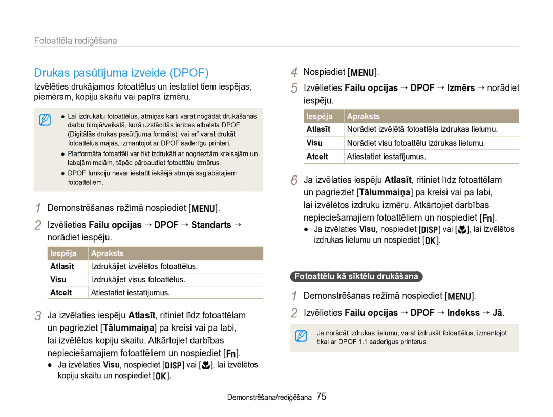 Samsung EC-WB600ZBPBE2, EC-WB600ZBPBRU Drukas pasūtījuma izveide Dpof, Izvēlieties Failu opcijas ¢ Dpof ¢ Indekss ¢ Jā 