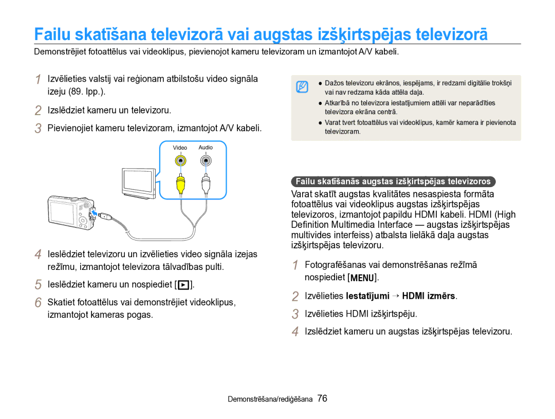 Samsung EC-WB600ZBPBRU manual Izvēlieties Iestatījumi ¢ Hdmi izmērs, Failu skatīšanās augstas izšķirtspējas televizoros 