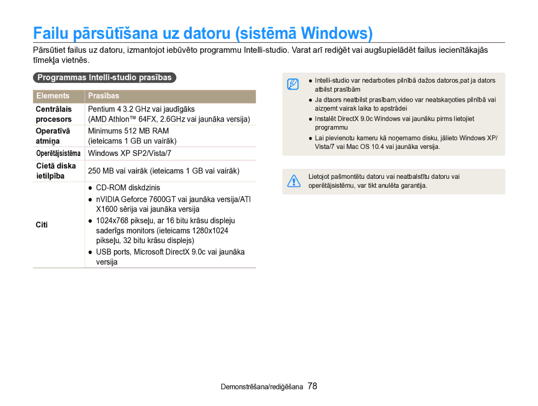 Samsung EC-WB600ZBPBRU Failu pārsūtīšana uz datoru sistēmā Windows, Programmas Intelli-studio prasības, Elements Prasības 