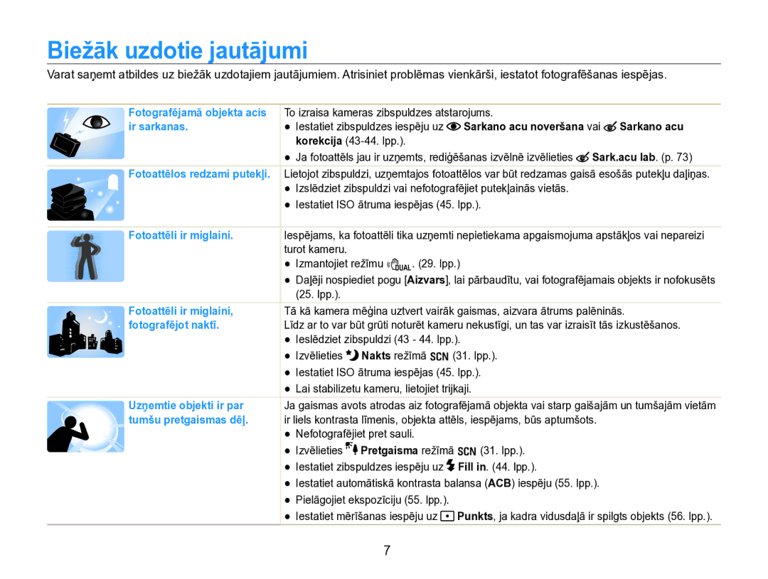 Samsung EC-WB600ZBPBE2, EC-WB600ZBPBRU manual Biežāk uzdotie jautājumi, Sarkano acu noveršana vai, Sark.acu lab. p 