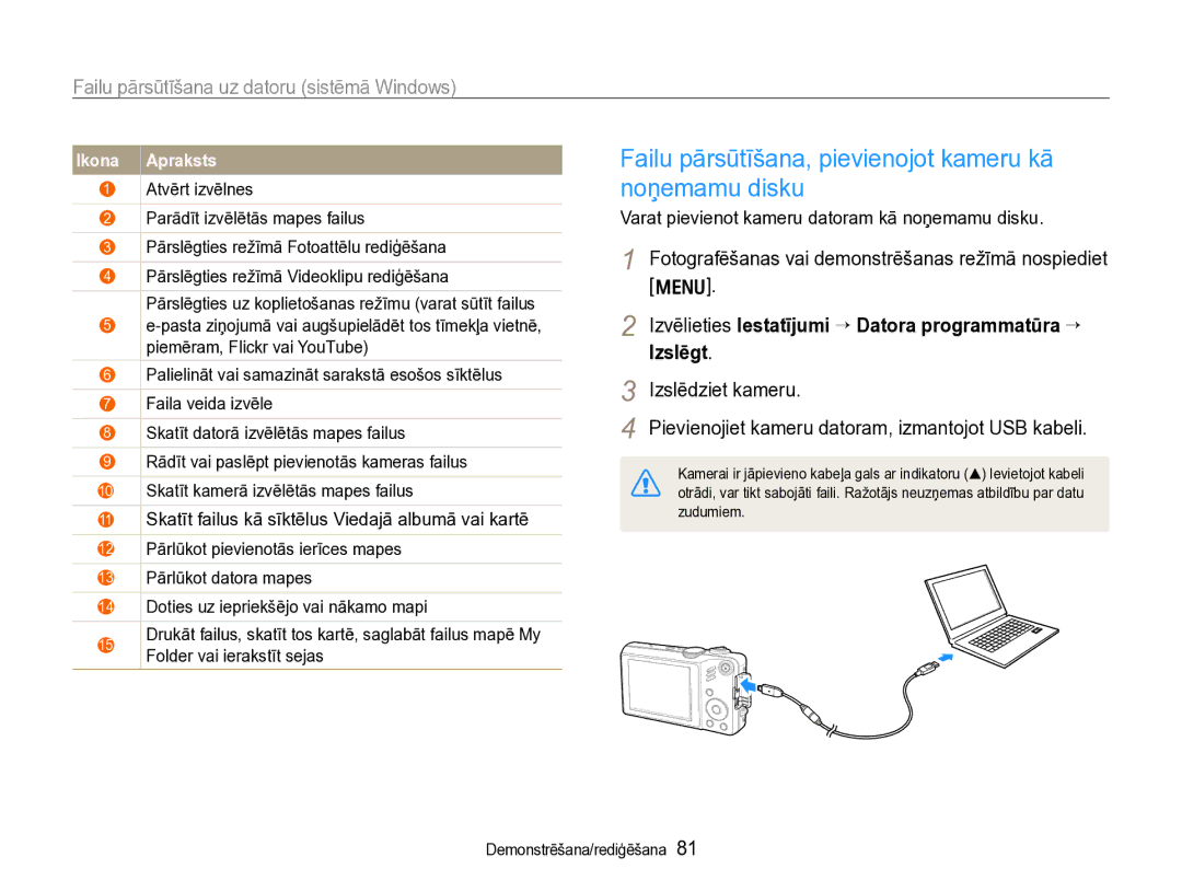 Samsung EC-WB600ZBPBE2, EC-WB600ZBPBRU manual Failu pārsūtīšana, pievienojot kameru kā noņemamu disku, Ikona 